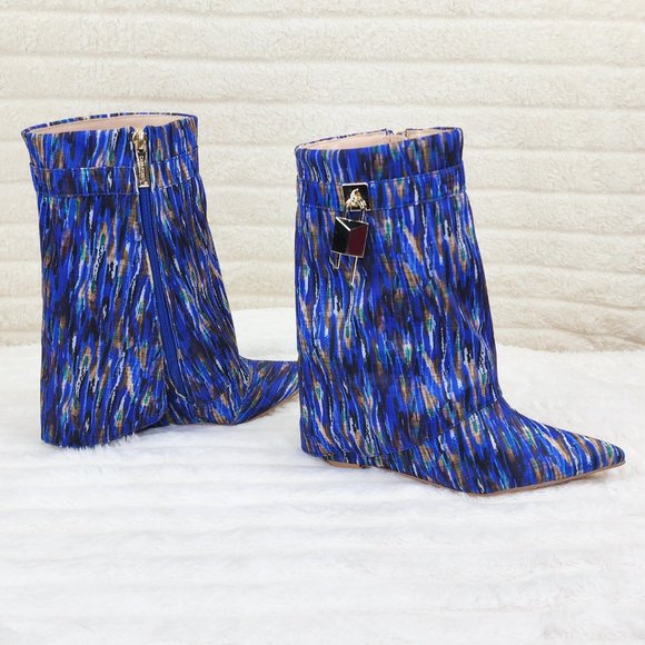 Cape Robbin Shoes - Valley Blue Multi Wedge Heel Fold Over Skirted Ankle Boots